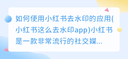 如何使用小红书去水印的应用(小红书这么去水印app)