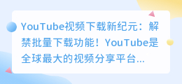 YouTube视频下载新纪元：解禁批量下载功能！