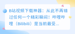 B站视频下载神器：从此不再错过任何一个精彩瞬间！