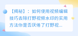 如何使用视频编辑技巧去除打野视频水印的实用方法