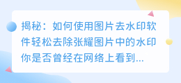 揭秘：如何使用图片去水印软件轻松去除张耀图片中的水印